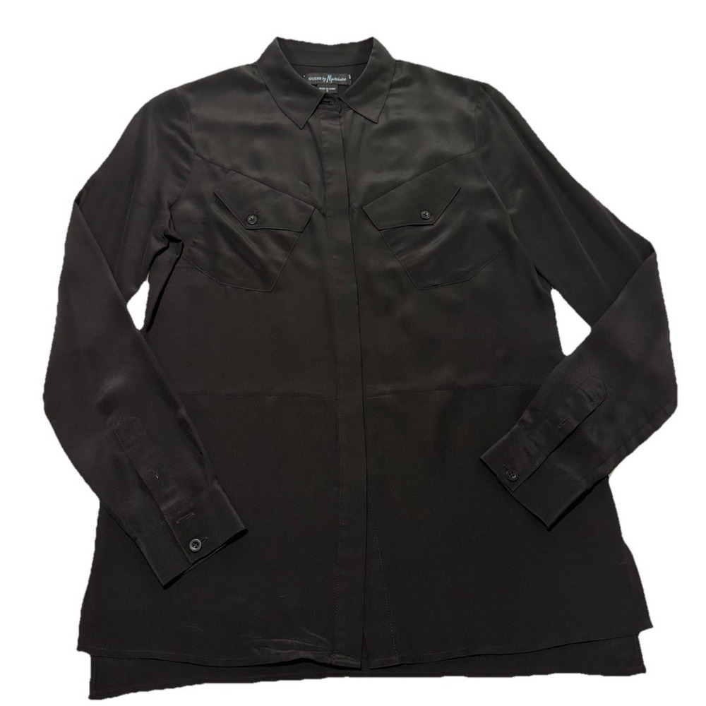 Marciano by Guess Black 100% Silk Blouse Small Utility Pocket Button Down EUC - Picture 4 of 11